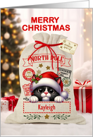Kayleigh Custom Name Cute Cat and Christmas Santa Sack card