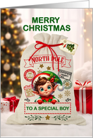 To Boy Christmas Santa Sack and Boy Elf card