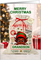 Grandson Christmas Santa Sack and African American Boy Elf card