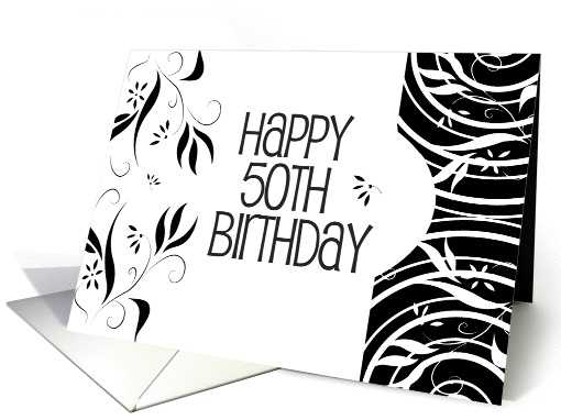 Happy 50th Birthday in Black and White Floral card (838639)