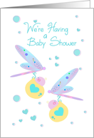 Baby Shower Invitation with Dragonflies Carrying Twin Baby Bundles card