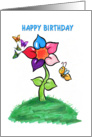Flower and Bee, cartoon art, Happy Birthday card