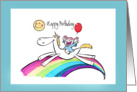Little Girl rides Unicorn, cartoon art, Happy Birthday card