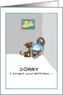 Belated Birthday, Sorry, Humor, boy and dog in corner card