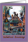 Haunted House, Witches, bat, Halloween Greetings card