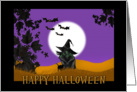 Happy Halloween, Spooky Green Witch, bats, Big Moon, Blank card