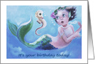 Little Girl Birthday, Mermaid and Seahorse card