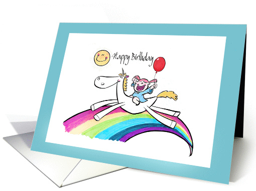 Little Girl rides Unicorn, cartoon art, Happy Birthday card (1065847)