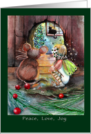 Cute Fairy and Mouse, Peace, love, joy, Christmas card