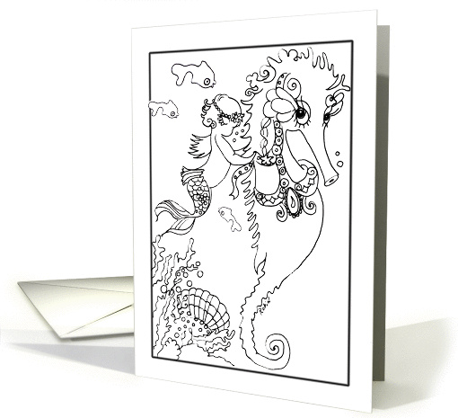 Color-Me Mermaid and Seahorse Card, Blank card (1301858)