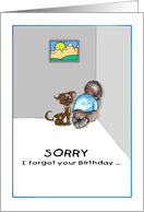 Belated Birthday, Sorry, Humor, boy and dog in corner card