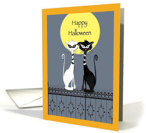Black and White Masked Cats on a fence, Happy Halloween, blank card