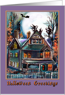 Haunted House, Witches, bat, Halloween Greetings card