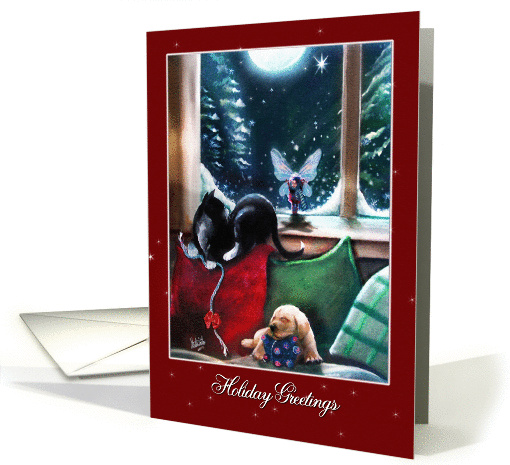 Holiday Greetings, winter scene, cat, puppy, fairy, Blank card