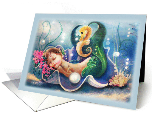 Sleeping Baby Mermaid and Seahorse, Any occasion, Blank card (1443958)