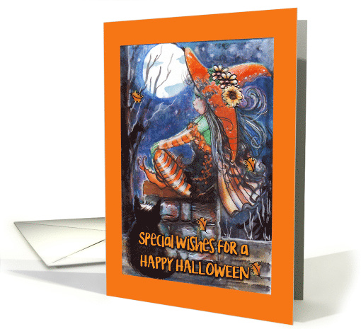 Halloween ,Cute Witch and Cat on the Roof top. Blank card (1489988)
