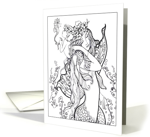 Color-me Mom and baby mermaids, blank card (1516146)