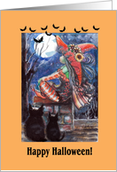 Happy Halloween, Little Witch with Cats, big moon card