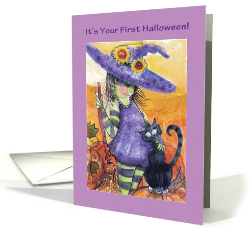 For a First Halloween, Little Witch and Cat card (1582090)
