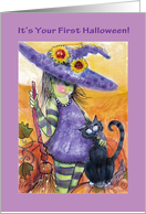 For a First Halloween, Little Witch and Cat card