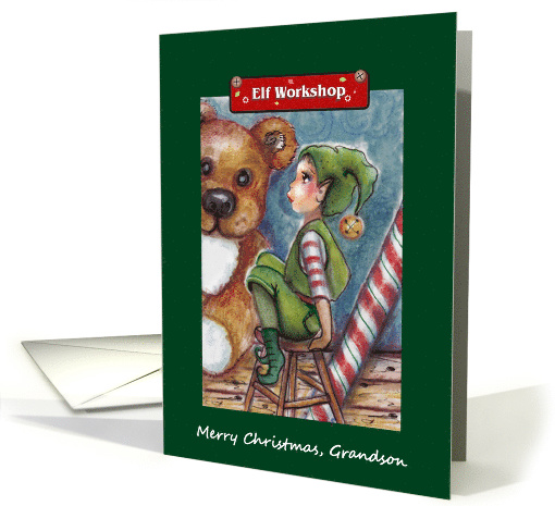 Elf workshop, Merry Christmas to Grandson card (1588436)