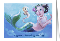 Little Girl Birthday, Mermaid and Seahorse card