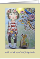 little girl and dog, bird,flowers, get well card