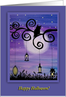 Halloween , Lanterns, full moon, owl in a tree