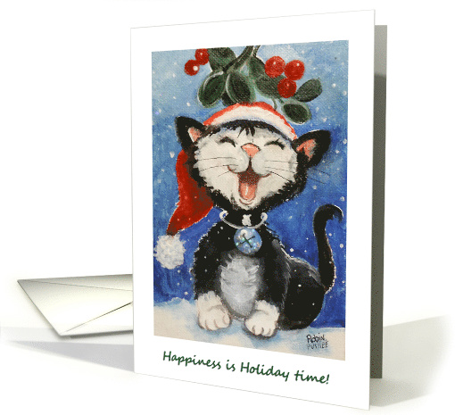 Cat Holiday Time Mistletoe Santa Hat card (1947540)