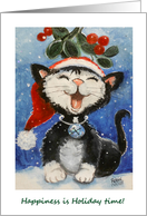 Cat Holiday Time Mistletoe Santa Hat card