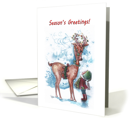 Season's Greetings child and reindeer sleigh bells card (1947740)