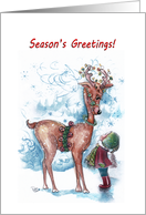 Season’s Greetings child and reindeer sleigh bells card
