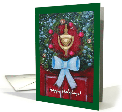 Happy Holidays Red Door with Wreath and Bow Door Knocker card
