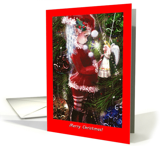 Merry Christmas Elf Decorating a Christmas Tree Angel card (1949628)