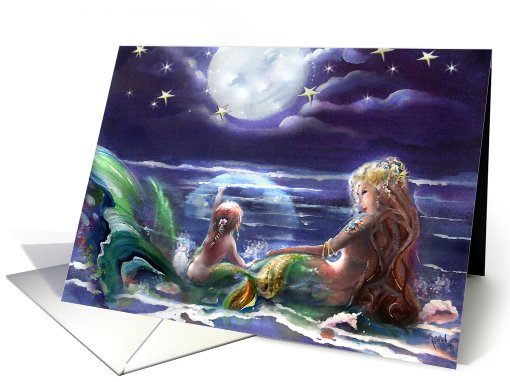 Mermaid theme Mom & child & Man-in-the-Moon Art, BLANK card (738774)