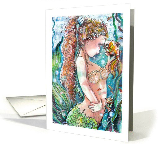 Little Mermaid & Fish, Cute Mermaid Themed Art, Blank card