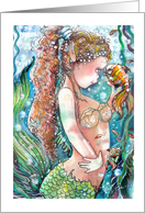Little Mermaid & Fish, Cute Mermaid Themed Art, Blank card