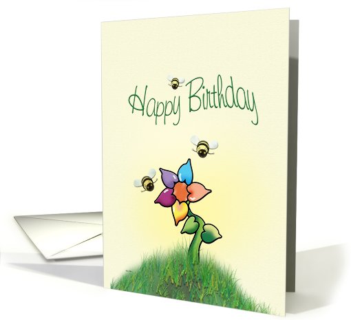 Whimsical Flower & Bumble Bees, Happy Birthday card (783255)