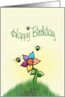 Whimsical Flower & Bumble Bees, Happy Birthday card