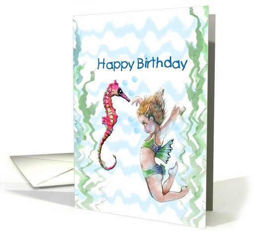 Little Girl & Sea Horse ART, Whimsical Birthday card (827872)