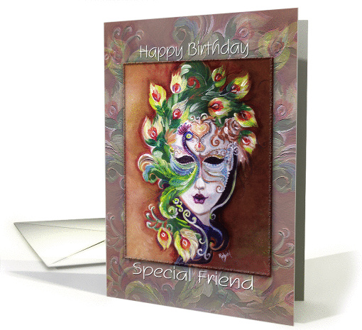 Lady in Mask, Peacock Design, to Friend Birthday card (862234)