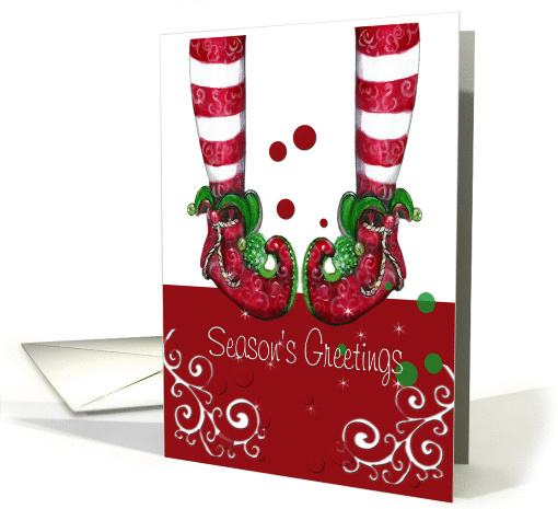 Season's Greetings, Whimsical Striped Stockings and Elf boots card