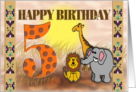 5 year Old Birthday, Sunny Jungle theme, card