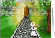 Take The Next Step Child Walking on Path to Open Gate in Garden Wall Blank Note Card