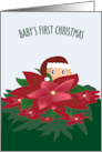 Peeking From Behind Poinsettia Baby’s First Christmas card