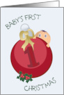 Peeking from Behind Ornament Baby’s First Christmas card