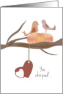 Happy Valentine’s Day Birds in Nest with Dangling Heart card