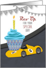 Speedway Racecar and Cupcake Happy Birthday card
