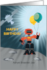 Robot and Satellite with Birthday Balloons Custom Name card