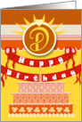 Bright Canopy and Cake for Monogram D Happy Birthday card